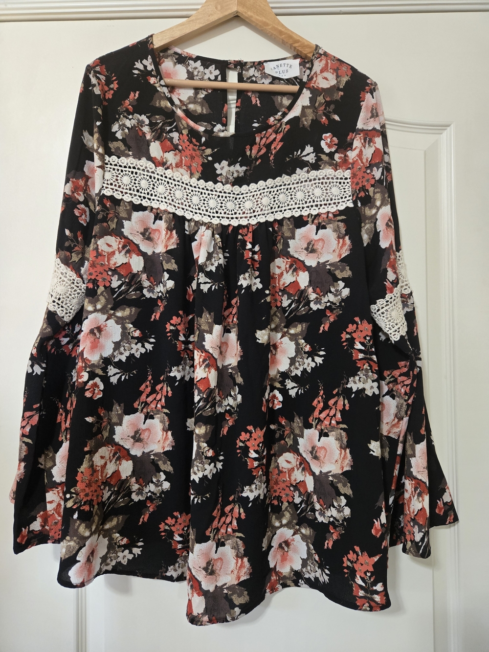 Janette Plus Black Floral Crochet-Yoke Tunic - Pink, Coral, Cream Drapey Fall